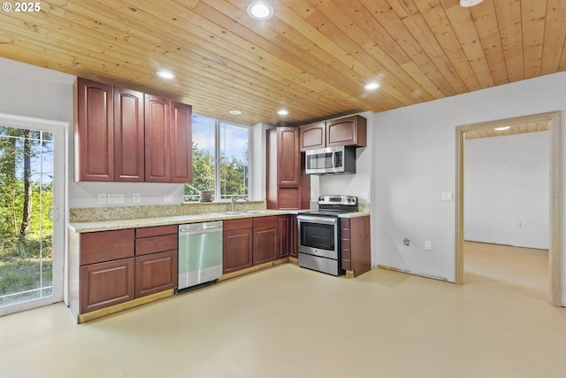 kitchen featuring appliances with stainless steel finishes, wood ceiling, and sink