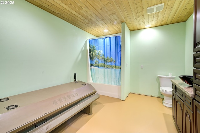 bathroom with toilet, vanity, and wood ceiling