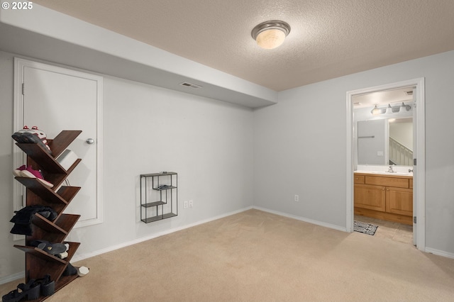 interior space with visible vents, light carpet, a sink, a textured ceiling, and baseboards