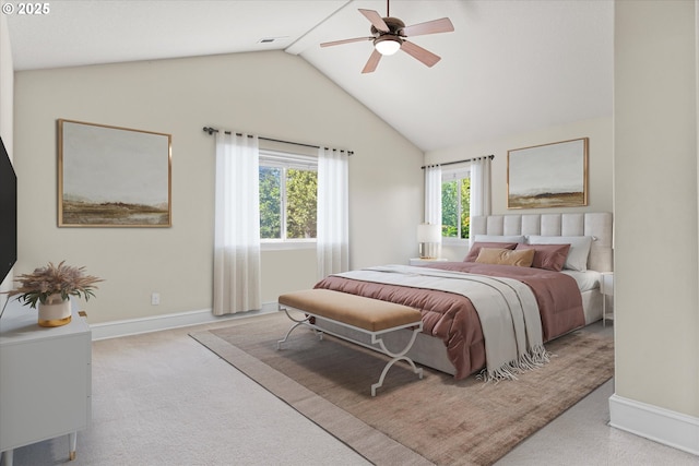 11168 SW Brown St, Tualatin, OR 97062 - bedroom featuring multiple windows, baseboards, vaulted ceiling, carpet flooring, and ceiling fan