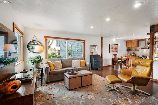 living room featuring wood-type flooring and a textured ceiling