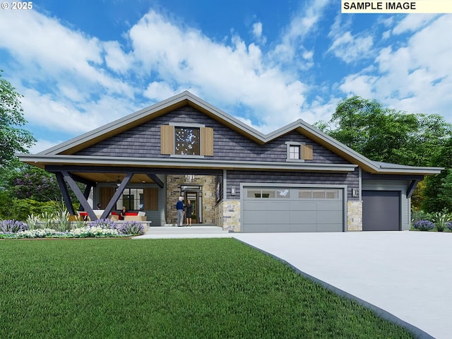 view of front of home featuring a garage, a front yard, stone siding, and concrete driveway