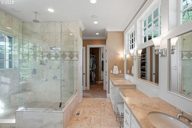 3545 Eagle Crest Rd NW, Salem, OR 97304 - full bathroom featuring crown molding, vanity, a stall shower, recessed lighting, and a walk in closet