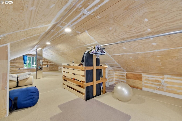 1224 Coal Creek Rd, Longview, WA 98632 - additional living space featuring vaulted ceiling, carpet, and wood walls