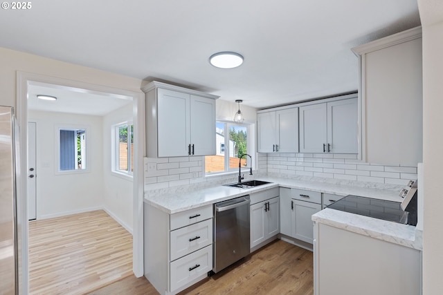 1751 S 19th St, Coos Bay, OR 97420 - kitchen with a sink, stainless steel dishwasher, light stone countertops, backsplash, and light wood-style floors