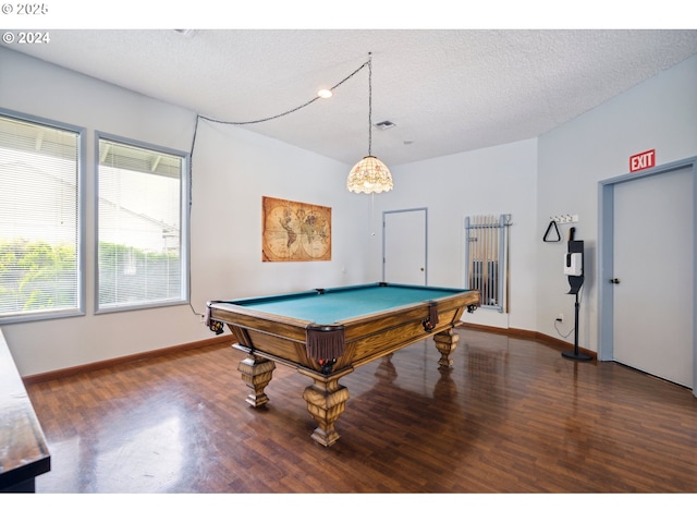 game room with baseboards, a textured ceiling, billiards, and wood finished floors