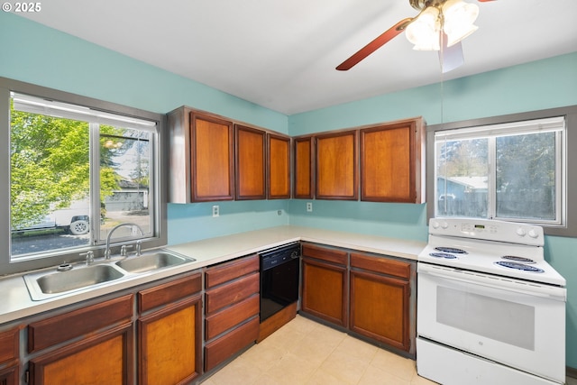 kitchen with light countertops, white electric range, a sink, plenty of natural light, and dishwasher