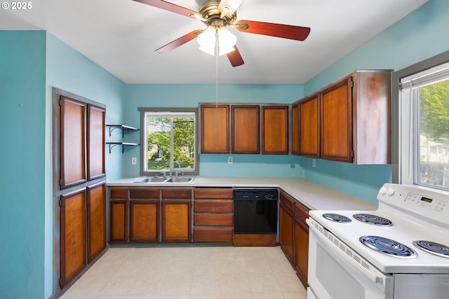 kitchen with open shelves, light countertops, electric range, a sink, and dishwasher