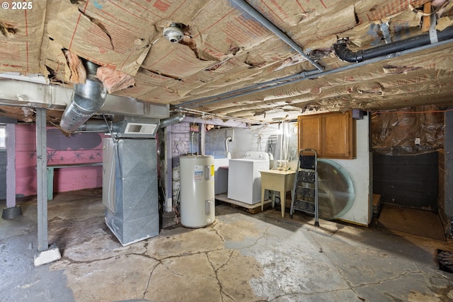 unfinished below grade area with washing machine and dryer, a sink, electric water heater, and heating unit