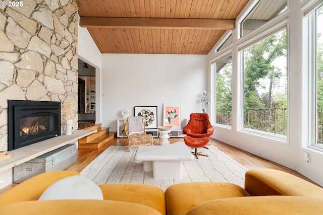 2345 NE Ridgewood Dr, Portland, OR 97212 - living area featuring wood ceiling, healthy amount of natural light, wood finished floors, and a stone fireplace