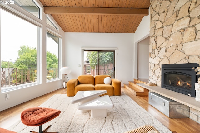 2345 NE Ridgewood Dr, Portland, OR 97212 - living room featuring wooden ceiling, wood finished floors, and a stone fireplace