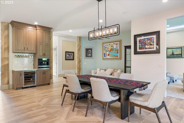 25003 NW 4th Ct, Ridgefield, WA 98642 - dining area featuring wine cooler, recessed lighting, bar, parquet flooring, and baseboards
