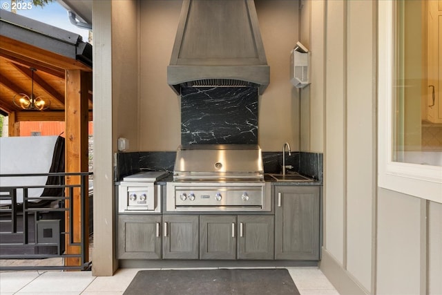 25003 NW 4th Ct, Ridgefield, WA 98642 - kitchen featuring a sink, custom range hood, light tile patterned flooring, and gray cabinets