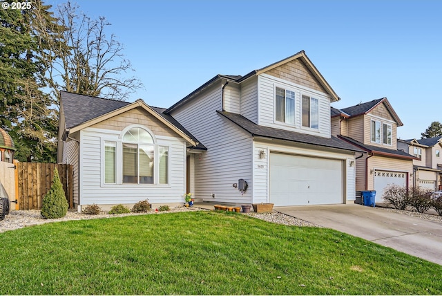 view of front of home featuring a shingled roof, concrete driveway, an attached garage, a front yard, and fence