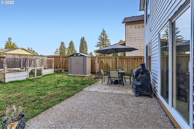 view of yard featuring an outbuilding, a patio, a fenced backyard, a shed, and a garden