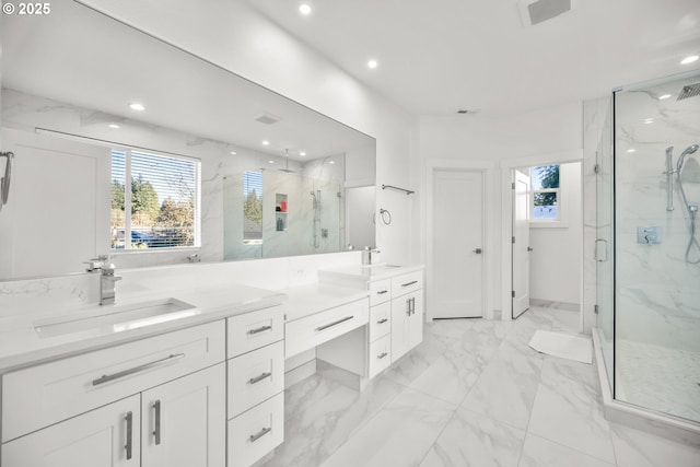 full bath featuring a healthy amount of sunlight, visible vents, a marble finish shower, a sink, and marble finish floor