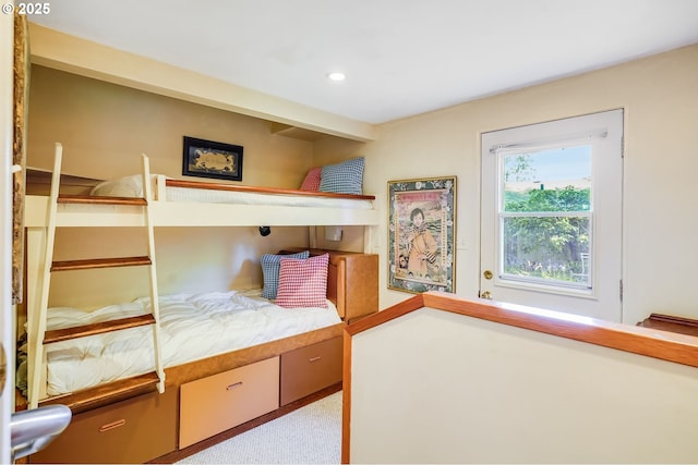 bedroom featuring recessed lighting and light carpet