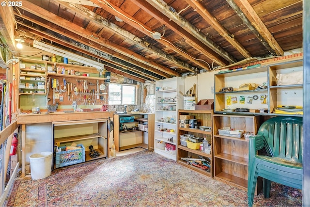basement featuring wooden ceiling