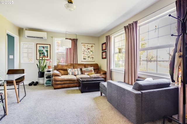 living room with a healthy amount of sunlight, a wall mounted AC, and carpet