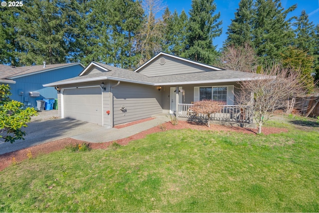 ranch-style house with a porch, an attached garage, a shingled roof, driveway, and a front yard