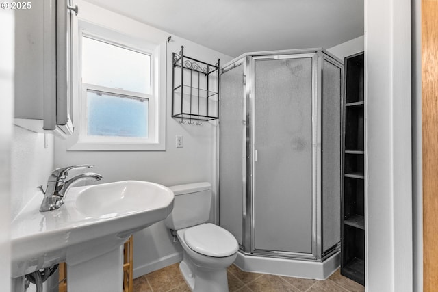 full bath with toilet, a stall shower, and tile patterned flooring