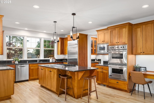 19375 SW Eastside Rd, Lake Oswego, OR 97034 - kitchen featuring built in appliances, light wood finished floors, brown cabinets, and recessed lighting