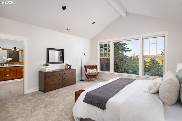 19375 SW Eastside Rd, Lake Oswego, OR 97034 - bedroom featuring beamed ceiling, light colored carpet, baseboards, ensuite bathroom, and high vaulted ceiling