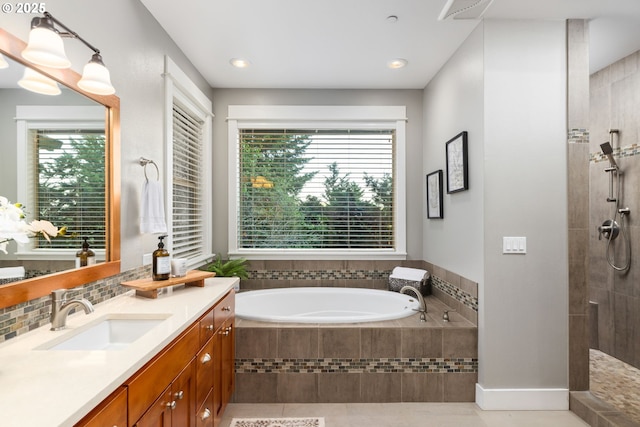 19375 SW Eastside Rd, Lake Oswego, OR 97034 - full bathroom with a garden tub, vanity, healthy amount of natural light, a tile shower, and recessed lighting