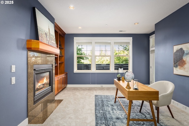 19375 SW Eastside Rd, Lake Oswego, OR 97034 - office area featuring a tiled fireplace, light colored carpet, baseboards, and recessed lighting
