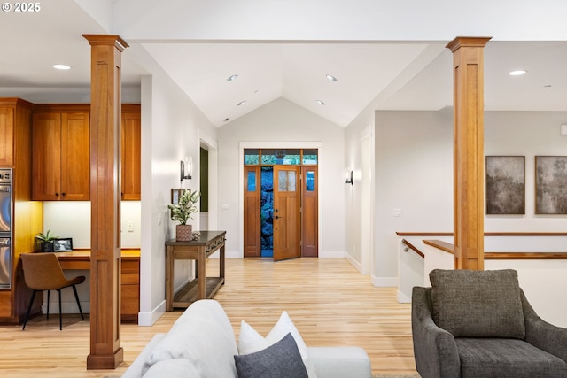 19375 SW Eastside Rd, Lake Oswego, OR 97034 - living area with decorative columns, light wood-type flooring, baseboards, vaulted ceiling, and recessed lighting