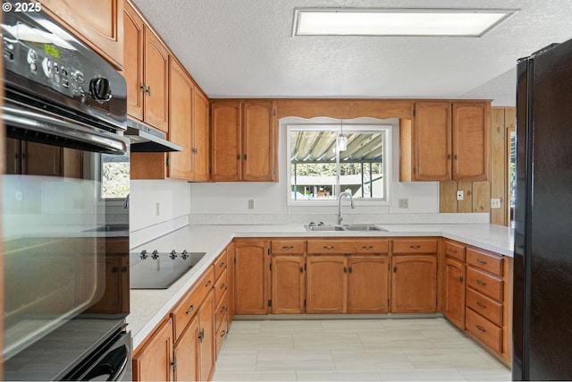 kitchen featuring sink, plenty of natural light, black appliances, and a textured ceiling