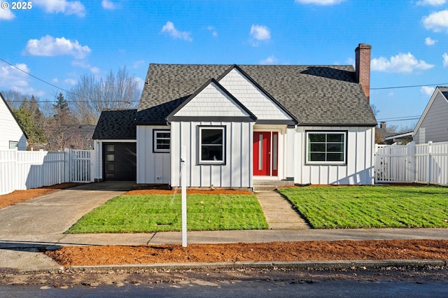 view of front of property featuring board and batten siding, driveway, roof with shingles, and a chimney
