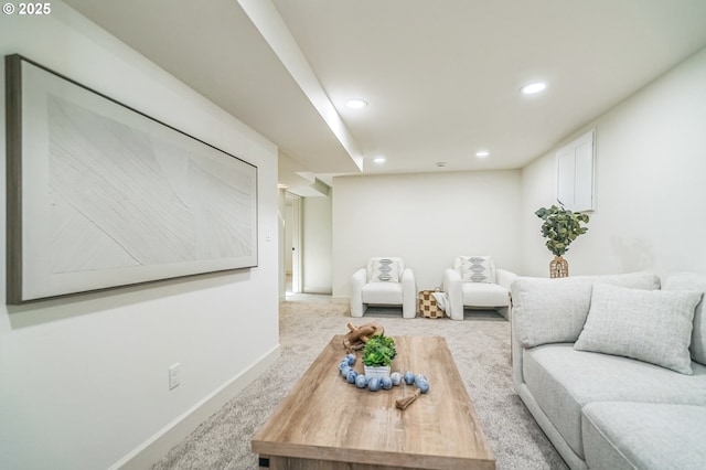 living area with carpet, recessed lighting, and baseboards