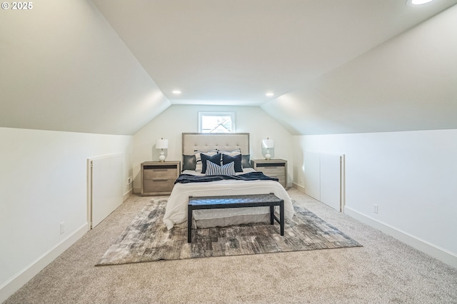 bedroom with vaulted ceiling, carpet floors, baseboards, and recessed lighting