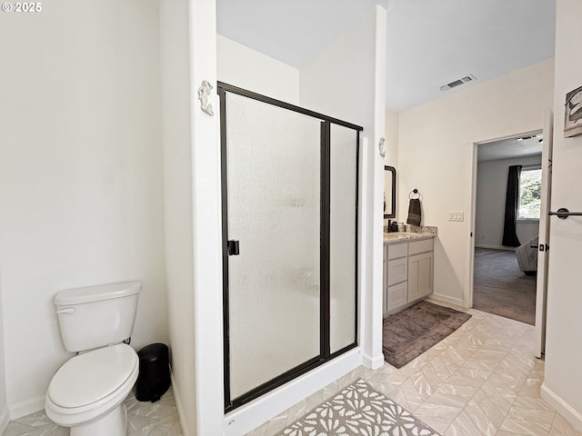 7205 Edge Cliff Dr, Brookings, OR 97415 - full bathroom with vanity, a stall shower, toilet, and baseboards