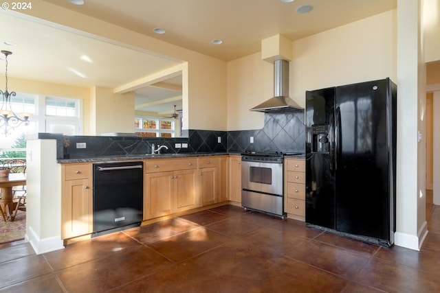 kitchen with wall chimney range hood, decorative backsplash, plenty of natural light, and black appliances