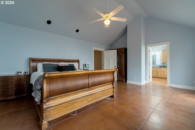 bedroom featuring concrete flooring, ensuite bathroom, and high vaulted ceiling