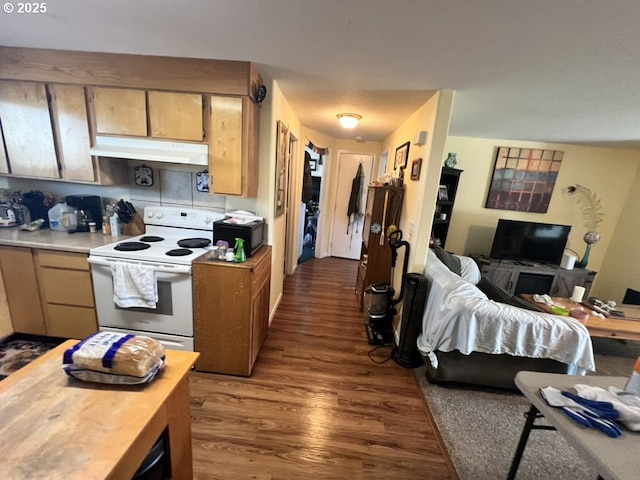 815 Nyssa St, Junction City, OR 97448 - kitchen featuring under cabinet range hood, white electric range oven, black microwave, open floor plan, and wood finished floors