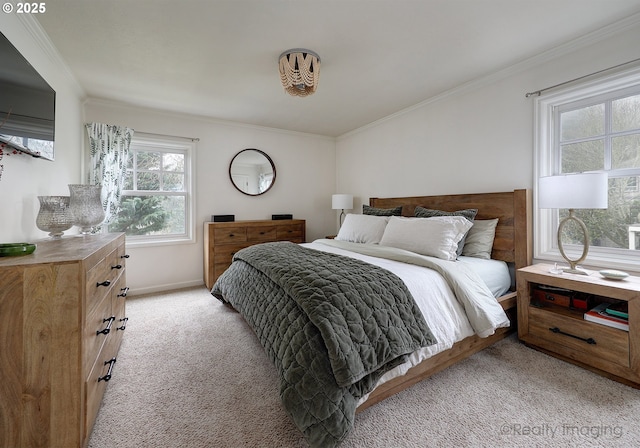 carpeted bedroom featuring ornamental molding