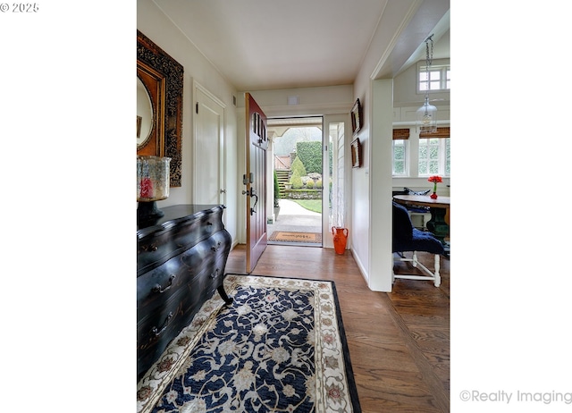 interior space with dark wood-type flooring