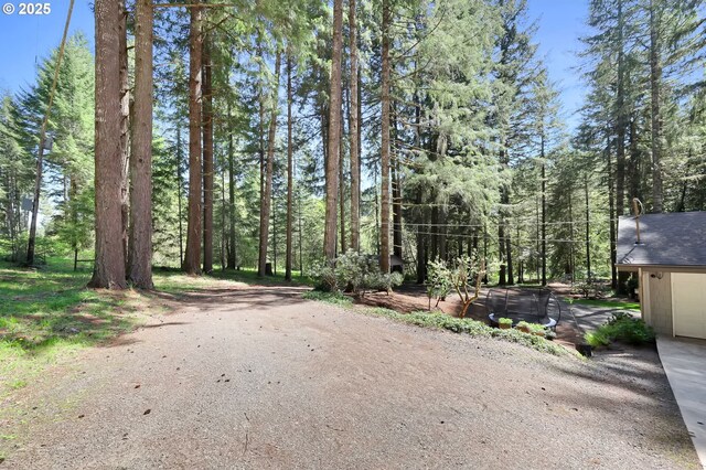 view of landscape featuring a forest view