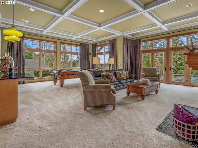 13615 NW Mason Hill Rd, North Plains, OR 97133 - carpeted living room featuring coffered ceiling, billiards table, beam ceiling, and recessed lighting