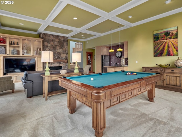 13615 NW Mason Hill Rd, North Plains, OR 97133 - playroom featuring light carpet, a stone fireplace, billiards table, coffered ceiling, and beam ceiling