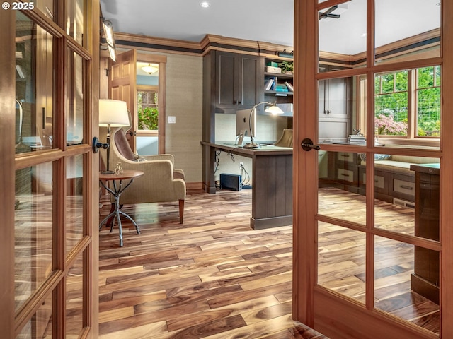 13615 NW Mason Hill Rd, North Plains, OR 97133 - office with light wood-style flooring, ornamental molding, french doors, baseboards, and a ceiling fan