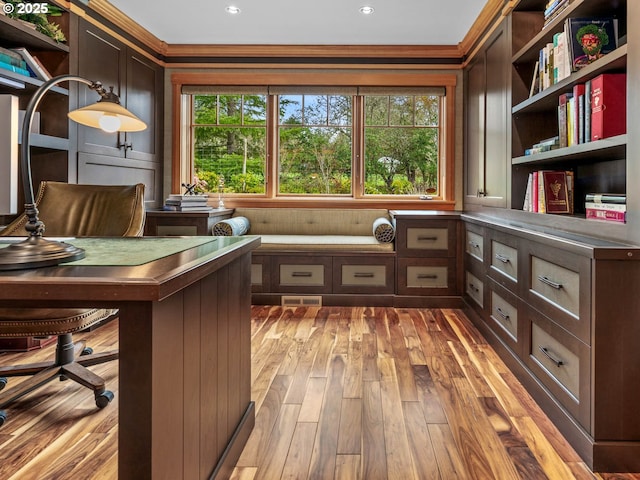 13615 NW Mason Hill Rd, North Plains, OR 97133 - home office featuring light wood-style flooring, crown molding, and recessed lighting