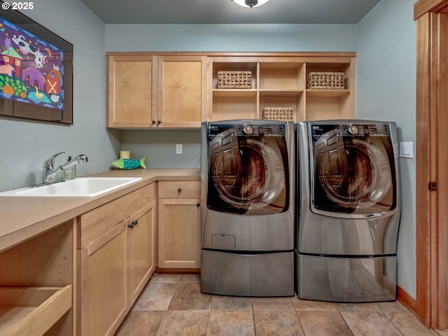 13615 NW Mason Hill Rd, North Plains, OR 97133 - clothes washing area featuring cabinet space, independent washer and dryer, and light stone finish floors