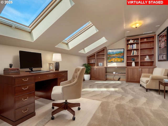 13615 NW Mason Hill Rd, North Plains, OR 97133 - office space featuring a skylight, lofted ceiling, light colored carpet, and built in features