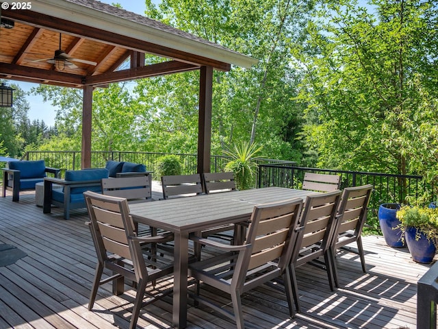 13615 NW Mason Hill Rd, North Plains, OR 97133 - deck featuring ceiling fan, an outdoor hangout area, and outdoor dining space