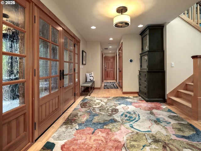 13615 NW Mason Hill Rd, North Plains, OR 97133 - entrance foyer featuring stairway, french doors, recessed lighting, light wood-type flooring, and plenty of natural light