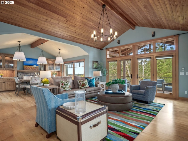 13615 NW Mason Hill Rd, North Plains, OR 97133 - living room featuring plenty of natural light, light wood finished floors, a chandelier, and wooden ceiling